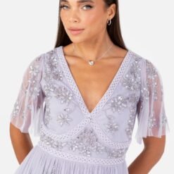 Maya Thistle Lilac Floral Motif Short Sleeve Midi Dress