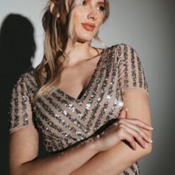 Maya Taupe Blush Short Sleeve Striped Maxi Dress