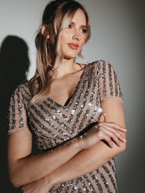 Maya Taupe Blush Short Sleeve Striped Maxi Dress