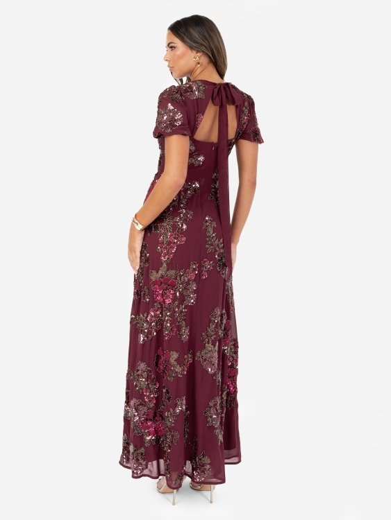 Maya Cranberry Floral Embellished Puff Sleeve & Open Back Maxi Dress at www.presleyblue.ie Maya Cranberry Floral Embellished Puff Sleeve & Open Back Maxi Dress at www.presleyblue.ie