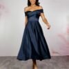 Off the Shoulder Satin Dress in Navy available at www.presleyblue.ie