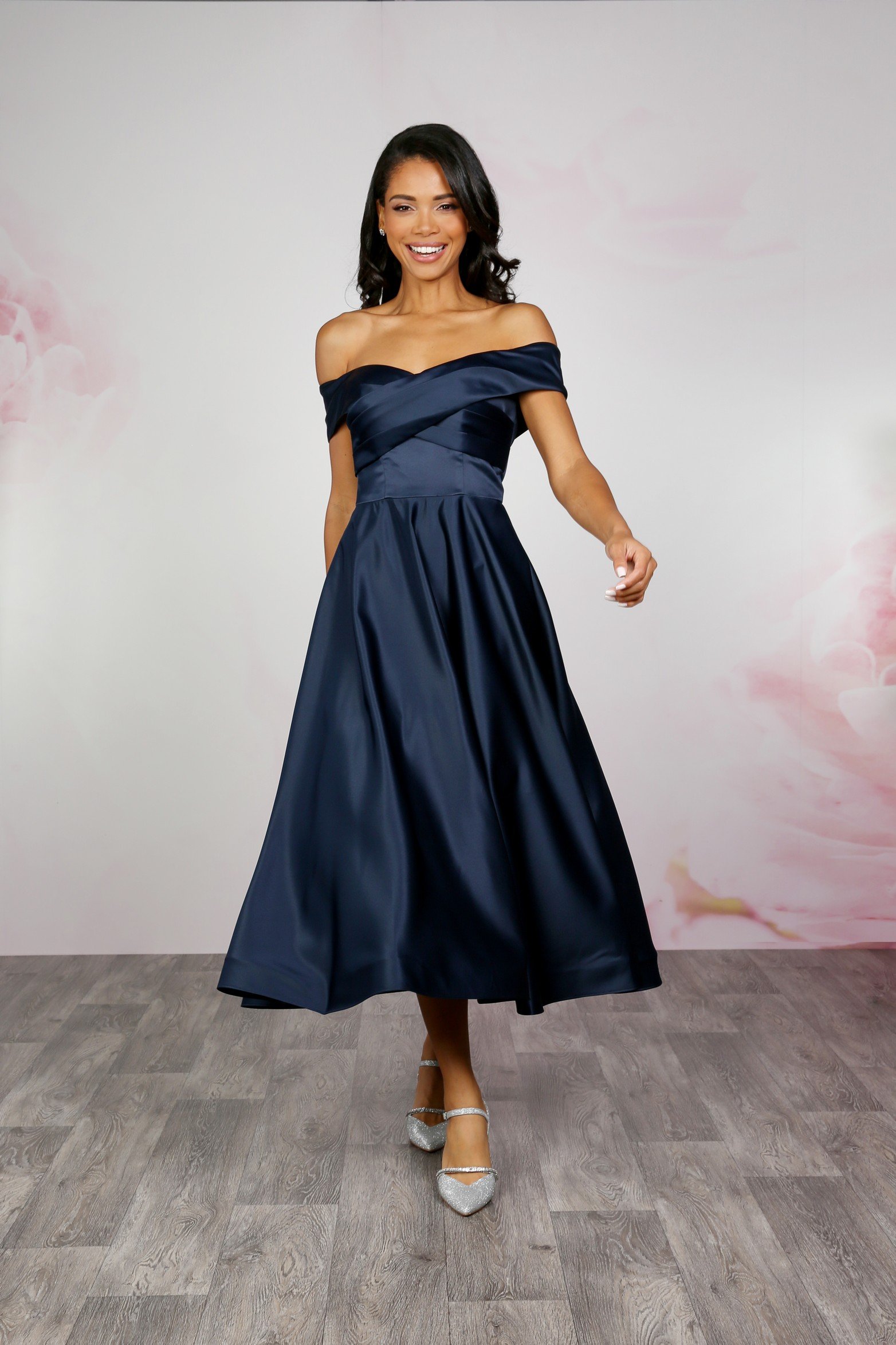 Off the Shoulder Satin Dress in Navy available at www.presleyblue.ie