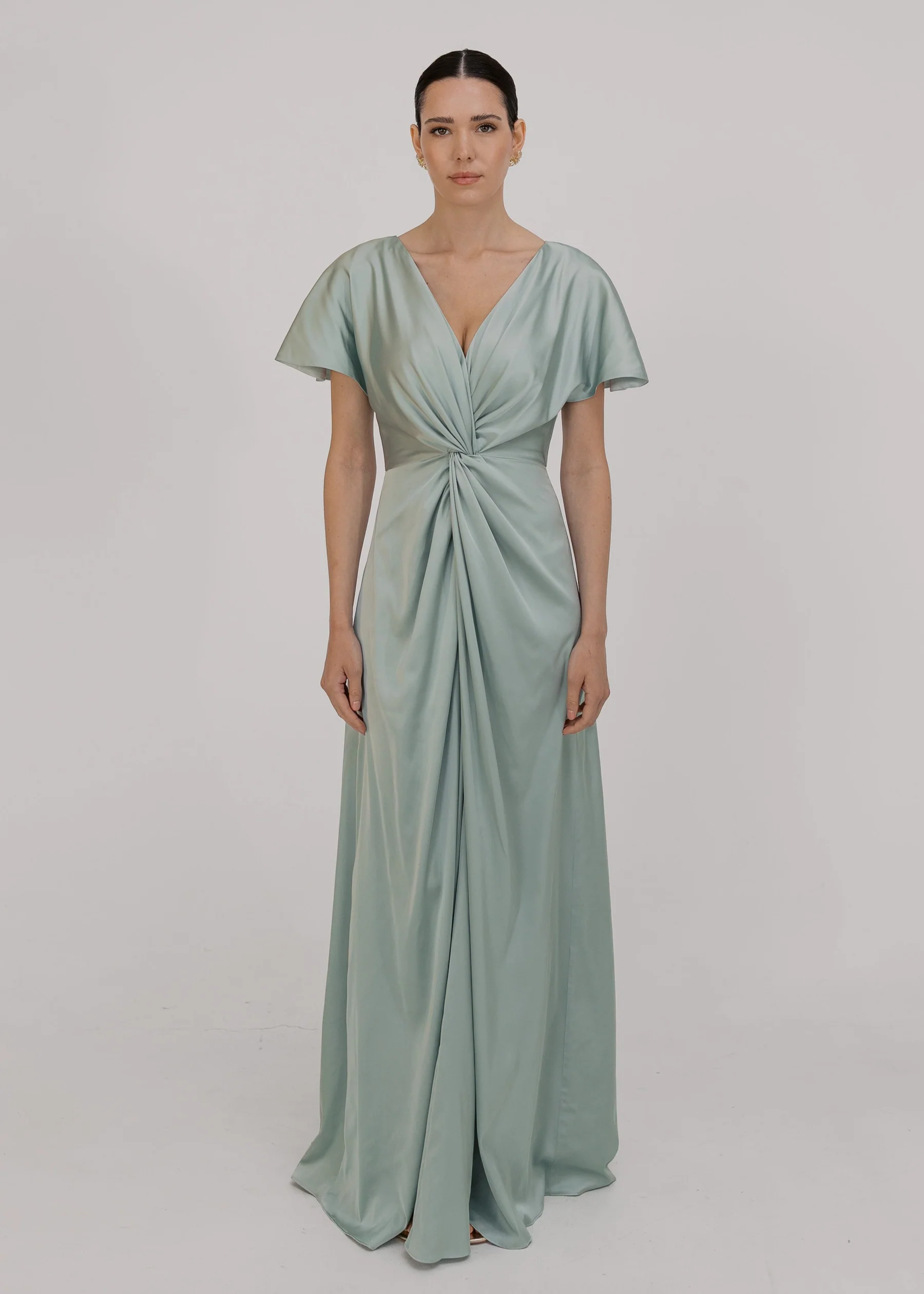 Camilla Bridesmaid Dress in Dusty Eucalyptus Satin at www.presleyblue.ie