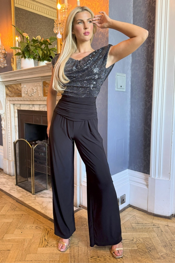 Cowl Back Jumpsuit in Gunmetal Sequin & Black ATOM label at www.presleyblue.ie