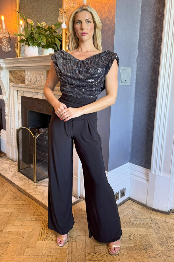 Cowl Back Jumpsuit in Gunmetal Sequin & Black ATOM label at www.presleyblue.ie