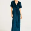 Velvet Flutter Sleeve Wrap Dress in Teal Velvet Flutter Sleeve Wrap Dress in Teal