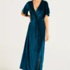 Velvet Flutter Sleeve Wrap Dress in Teal Velvet Flutter Sleeve Wrap Dress in Teal
