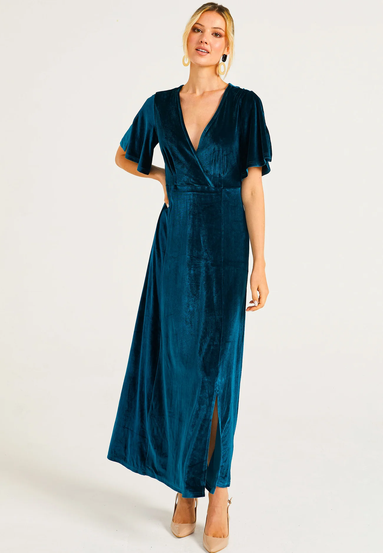 Velvet Flutter Sleeve Wrap Dress in Teal Velvet Flutter Sleeve Wrap Dress in Teal