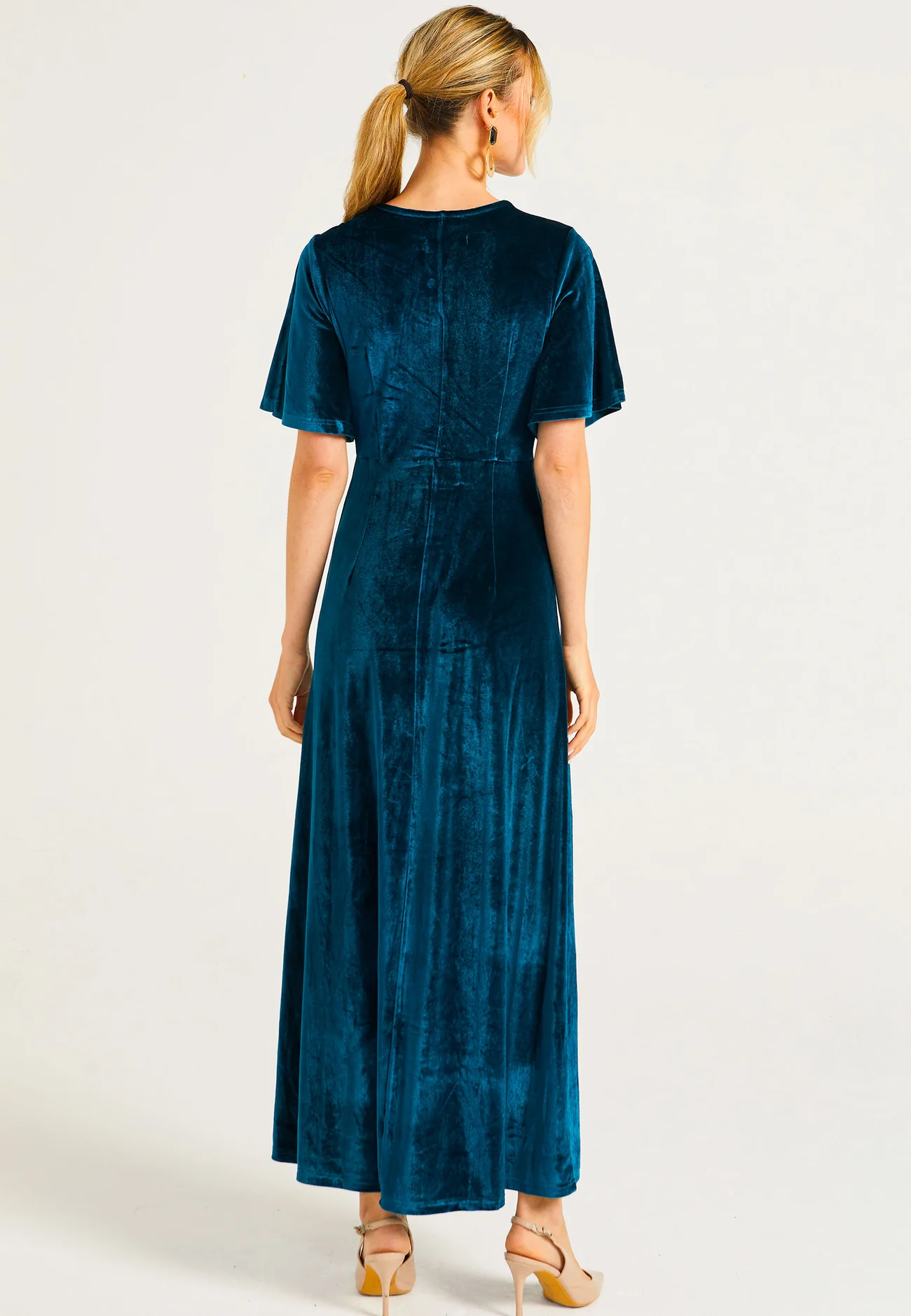 Velvet Flutter Sleeve Wrap Dress in Teal Velvet Flutter Sleeve Wrap Dress in Teal