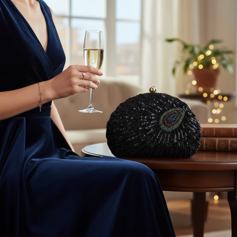 Athena Collection Vintage Inspired Peacock Clutch in Black Athena Collection Vintage Inspired Peacock Clutch in Black