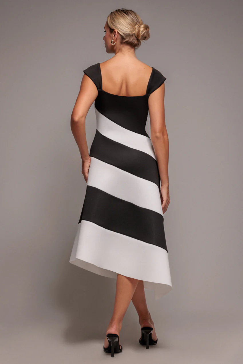 DR4947_BLACKCREAM_35552_back_1768208789 striped contrast asymmetrical midi dress at www.presleyblue.ie