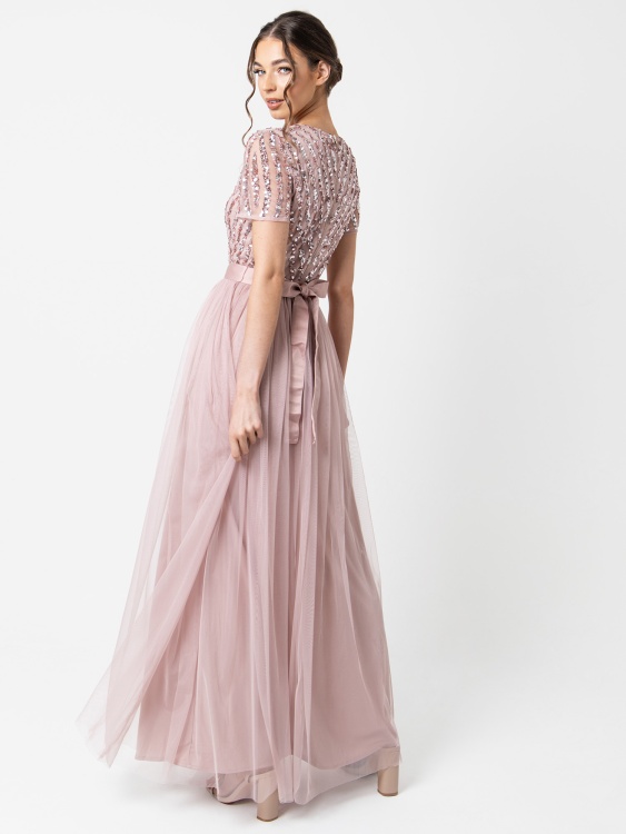 Blush pink sequin maxi bridesmaid dress maya deluxe