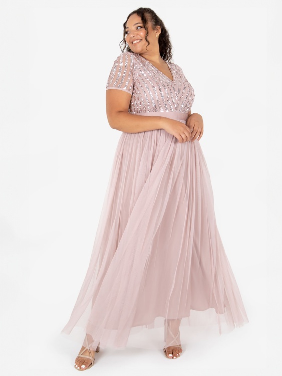Blush pink sequin maxi bridesmaid dress