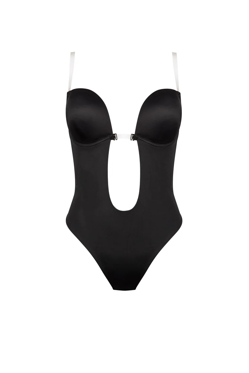 black deep plunge backless bodysuit with underwire support