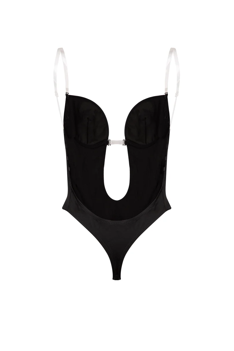 black deep plunge backless bodysuit with underwire support