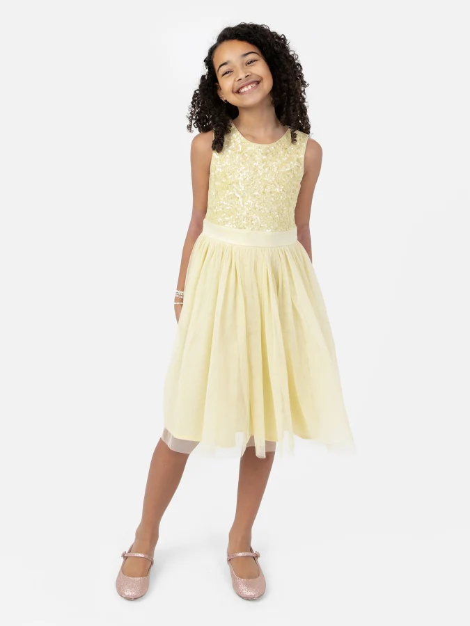 Mini Maya Pale Yellow Delicate Sequin Midi Dress With Bow