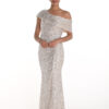 Frank Lyman champagne sequin one shoulder maxi dress, front view Frank Lyman champagne sequin one shoulder maxi dress, front view