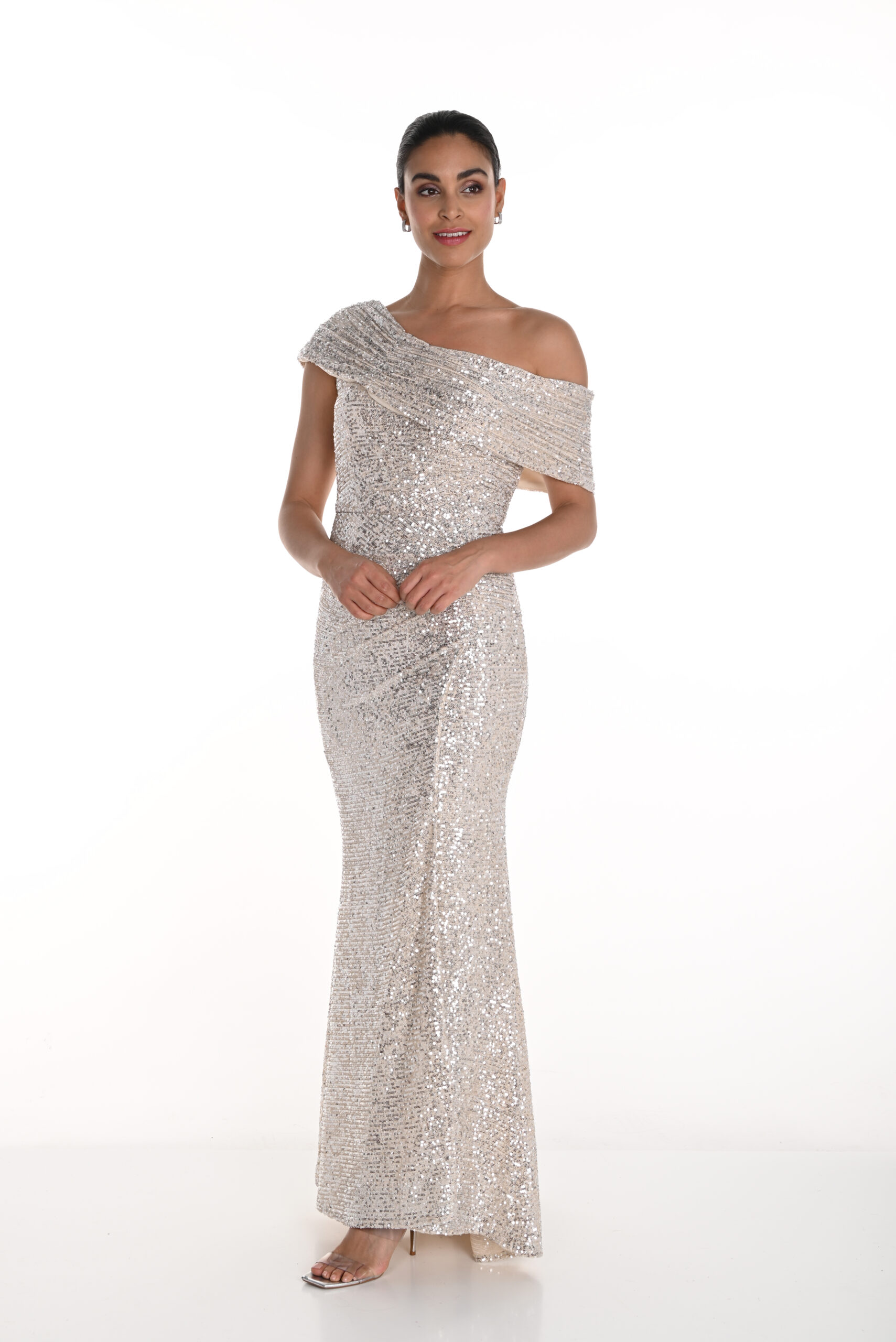 Frank Lyman champagne sequin one shoulder maxi dress, front view Frank Lyman champagne sequin one shoulder maxi dress, front view