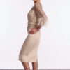 Side view of the champagne Eve dress showing the fitted skirt and belt Side view of the champagne Eve dress showing the fitted skirt and belt