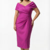 Fuchsia Bardot midi dress with beaded waistband, worn by a curvy model Fuchsia Bardot midi dress with beaded waistband, worn by a curvy model