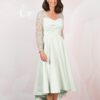 Mint green mother of the bride dress with lace sleeves, front view