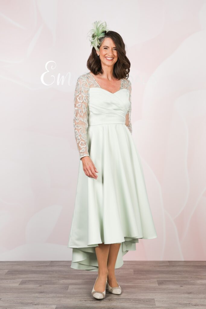 Mint green mother of the bride dress with lace sleeves, front view